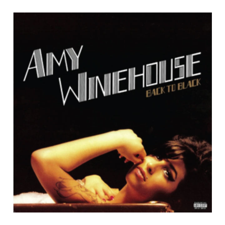 Amy Winehouse 'Back to Black' album cover featuring a reclining portrait of the artist against a black background with stylized white and gold text.