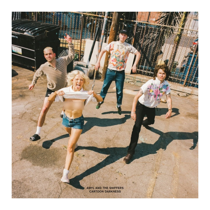 Four people running playfully in an outdoor urban alleyway under bright sunlight. The image has a warm, filtered vintage aesthetic and features the text 'ARYL AND THE SNIFFERS CARTOON DARKNESS' at the bottom.