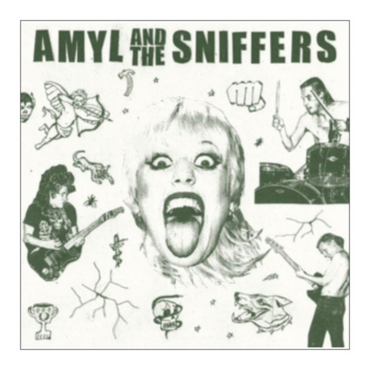 text AMYL AND THE SNIFFERS. black and white band playing insruments large head with open mouth line drawings