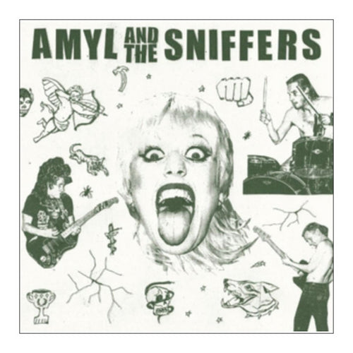 text AMYL AND THE SNIFFERS. black and white band playing insruments large head with open mouth line drawings