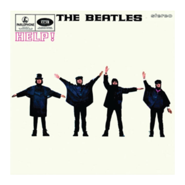 The Beatles 'Help!' album cover featuring the band members in dark suits against a cream background, with the title 'HELP!' in pink and record labels at the top.