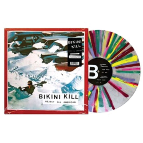 album cover for bikini kill reject all american on rainbow splatter vinyl