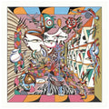 A colorful abstract surreal artwork with geometric shapes, stylized faces, floral elements, and symbolic objects arranged in a complex composition on a white square field.
