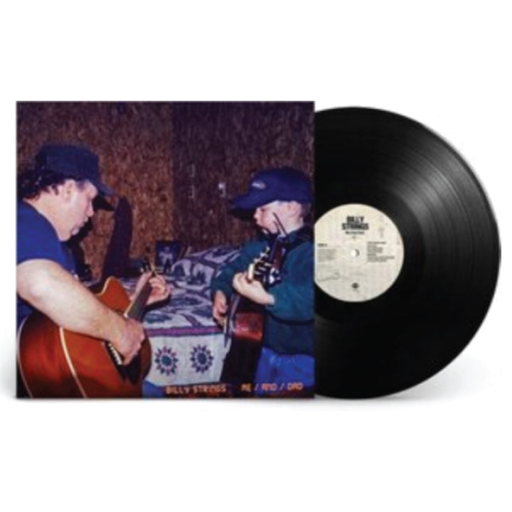 A vinyl record partially pulled from its album cover, showing a black LP disc and the printed cover art on a plain white background.