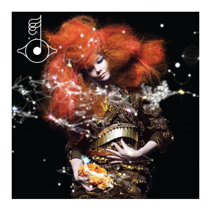 Artistic depiction of a person with fiery red hair holding a glowing object against a dark background. bjork