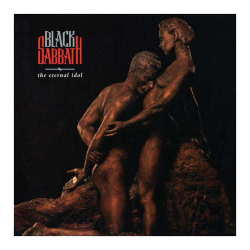 Album cover for 'Black Sabbath' featuring a statue of two figures on a dark background.