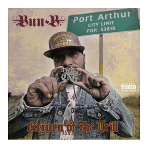 Bun B Album cover with a person holding a microphone, featuring text and a city limit sign in the background.
