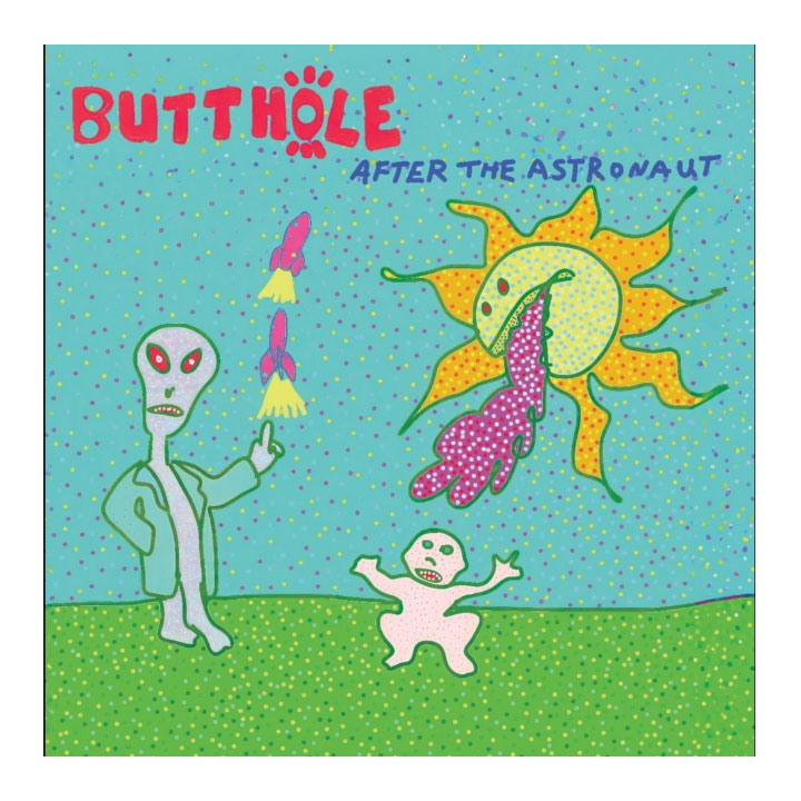 alien throwing rockets, the sun vomiting on a little person in painting in the style of van gogh. text: BUTTHOLE AFTER THE ASTRONAUT