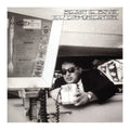 Black and white album cover with a person holding a cup, menu in the background