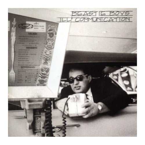 Black and white album cover with a person holding a cup, menu in the background
