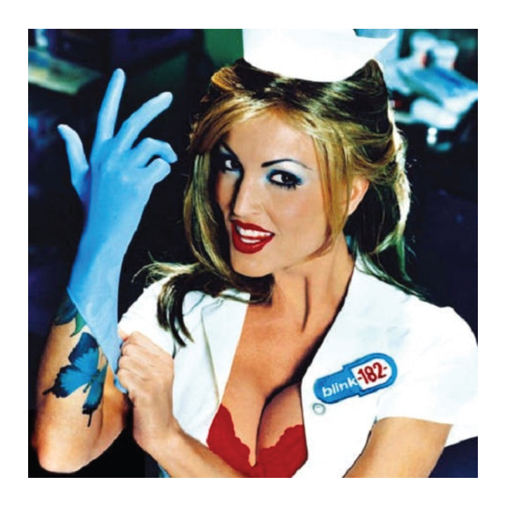 Blink 182 enema of the state vinyl record cover. A woman in a nurse costume with a white nurse hat, white nurse jacket, red lingerie top, blue glove, and a visible 'blink-182' logo patch on the lapel, posing against a dark background.