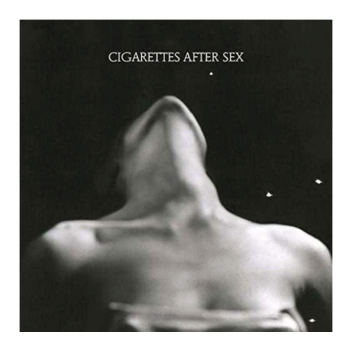 Cigarettes After Sex albu cover with that text. black and white photo of a woman with head tilted back