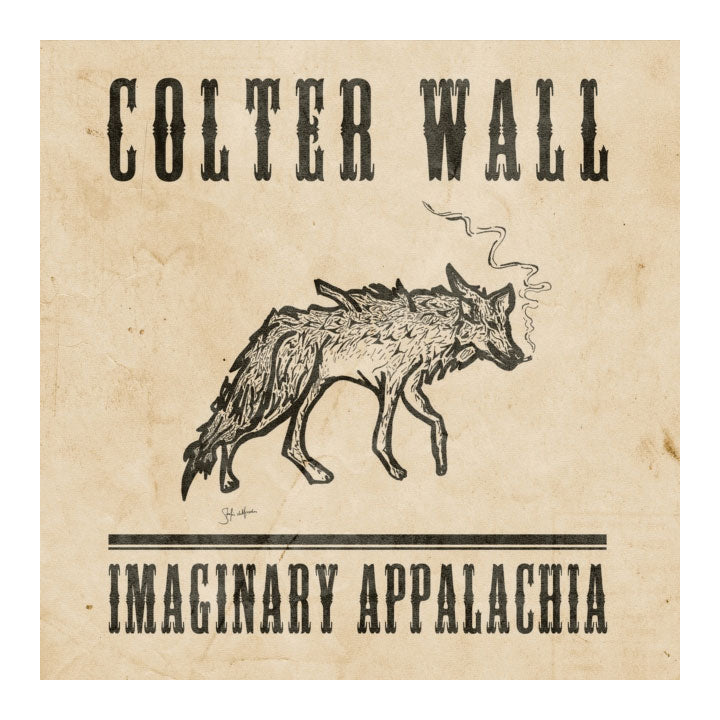 A square graphic print with a vintage western-style design. The text reads 'COLTER WALL' at the top and 'IMAGINARY APPALACHIA' at the bottom, with a black line drawing of a wolf in the center on a warm beige, parchment-like background.