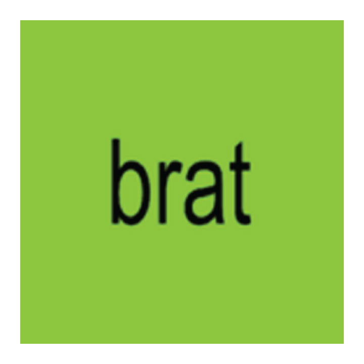 The word 'brat' in black text on a green square background. Charli XCX album