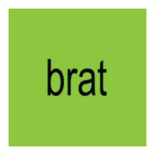 The word 'brat' in black text on a green square background. Charli XCX album