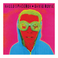 Album cover with a colorful portrait of a David Bowie wearing green sunglasses against a pink background, featuring the text 'Hallo Spaceboy * David Bowie'.
