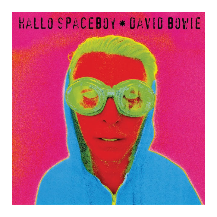Album cover with a colorful portrait of a David Bowie wearing green sunglasses against a pink background, featuring the text 'Hallo Spaceboy * David Bowie'.
