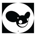 A minimalist black and white graphic featuring a stylized mouse head inside a large white circle on a black square background, with a small letter 'A' near the bottom center.