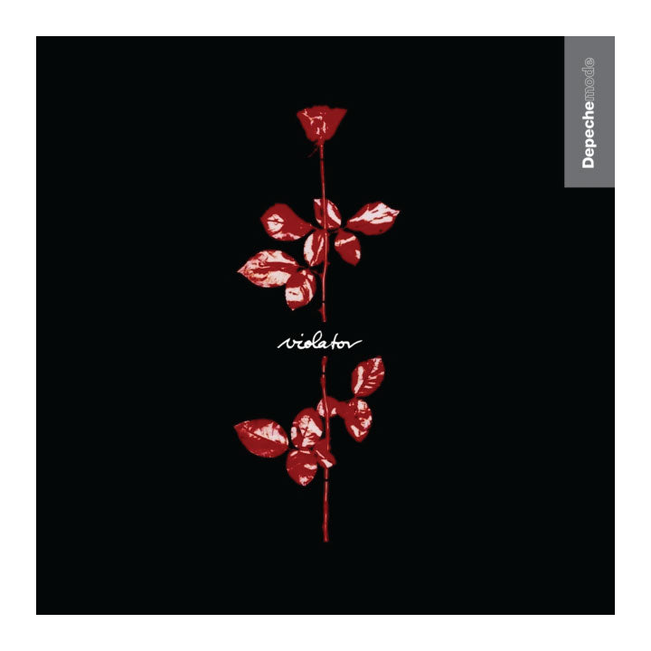 Album cover for Depeche Mode's 'Violator' featuring a single red rose stem with glossy red leaves on a solid black background, with the band name vertically printed on a gray bar at the right edge.