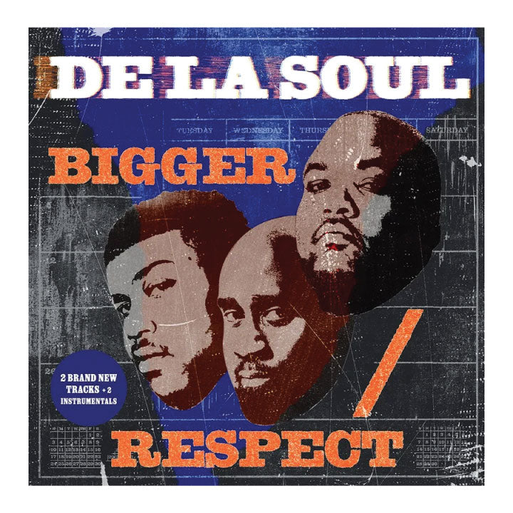 Album cover for 'Bigger Respect' by De La Soul with three faces and a blue background.