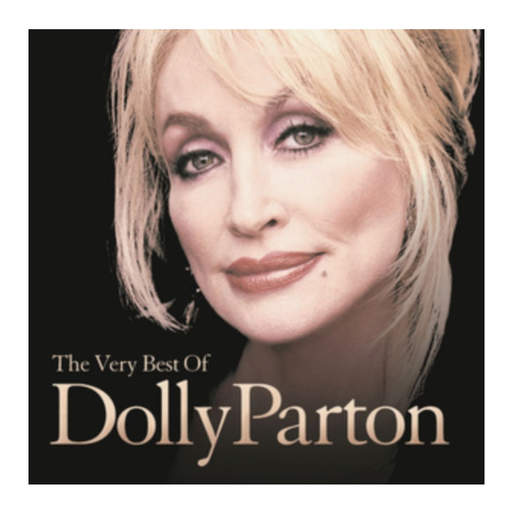 vinyl cover for 'The Very Best Of Dolly Parton' featuring a close-up portrait of Dolly Parton with blonde hair against a black background, with the title text in beige at the bottom.