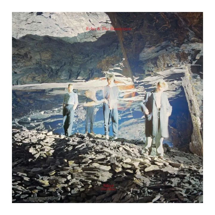Album cover with a group of people standing on a rocky shore with mountains in the background.