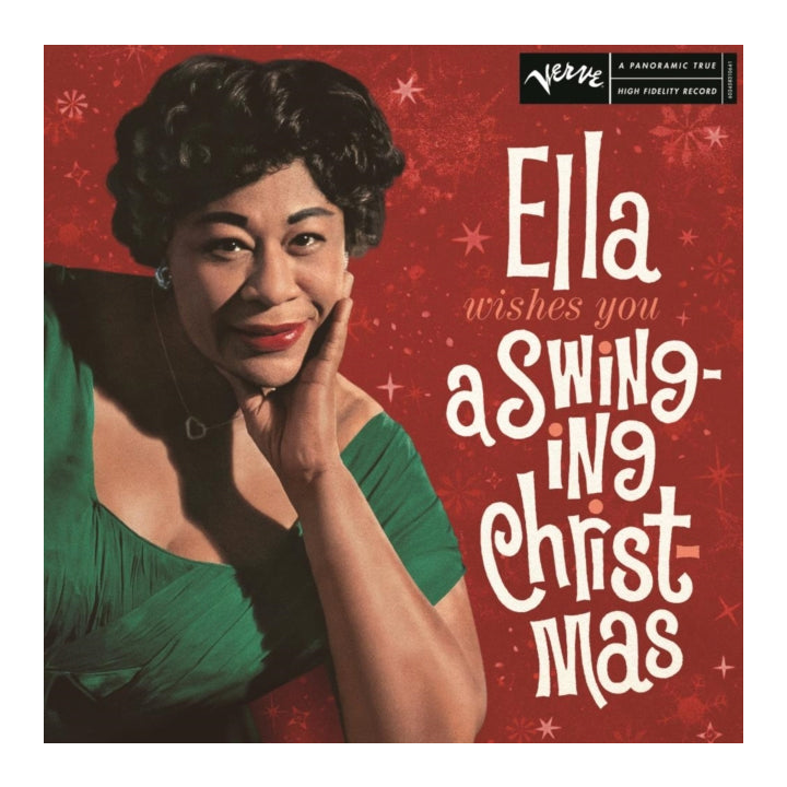 Ella's album cover for 'a Swingin' Christmas' on Verve Records, featuring a portrait of Ella in a green dress against a red background with white text.