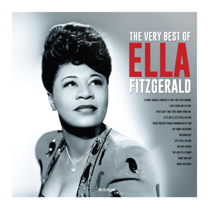 Album cover for 'The Very Best of Ella Fitzgerald' featuring a black-and-white portrait of Ella Fitzgerald on the left and bold red and white title text on the right, with a track list below.