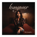 Album cover for Ella Langley's 'hungover', featuring the artist seated on a bed in a dimly lit wood-paneled room. The title 'hungover' is written in white script at the top, and the artist's name is visible in the bottom right corner.