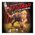 Album cover for 'Original Cast Recording Evil Dead The Musical' featuring illustrated artwork of a man in a blue shirt holding a chainsaw and a blonde woman, with large red title text over a dark curtain and wooden stage floor.