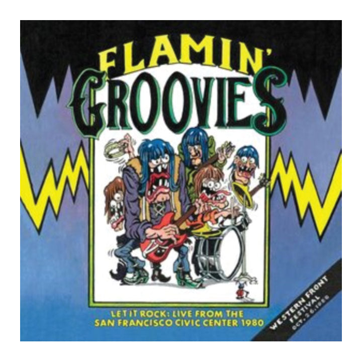 Album cover for Flamin' Groovies with cartoon band members and lightning bolts.