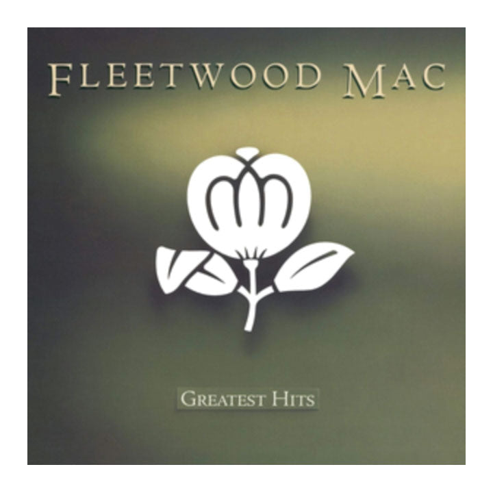 Fleetwood Mac Greatest Hits album cover artwork, featuring the band name at the top, a large white stylized flower emblem in the center, and 'Greatest Hits' text at the bottom on a dark olive-green gradient background.