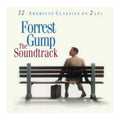 Album cover for 'Forrest Gump The Soundtrack' featuring the title text on an off-white background and a seated man on a bench with a suitcase.