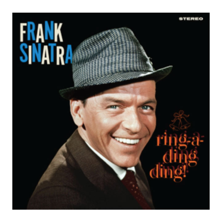 Frank Sinatra album cover for 'Ring-a-ding-ding!' featuring a smiling portrait of Sinatra in a fedora hat and suit against a black background, with the title in orange script and 'FRANK SINATRA' in large blue and white text.
