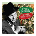 Album cover for Frank Sinatra's 'Frank Sinatra Christmas Greetings', featuring a black-and-white portrait of Frank Sinatra in a pinstripe suit and bow tie, pointing toward a decorated Christmas tree. Green and red oval text badges display the artist and title.
