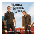 Album cover for 'Here's to the Good Times' by Florida Georgia Line featuring two men standing next to a red car.