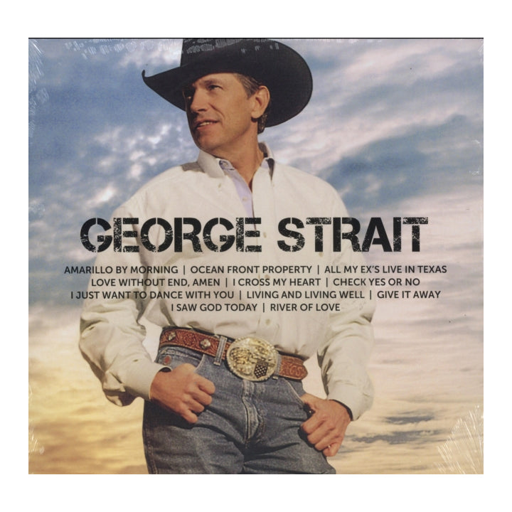 George Strait album cover featuring a photo of the country music artist in a black cowboy hat, white shirt, and jeans against a blue sky background, with album tracklist text overlaid.
