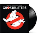 Ghostbusters original soundtrack album vinyl record with the black record partially visible behind the square black cover featuring the Ghostbusters logo and red prohibition symbol.