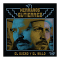 Hermanos Gutierrez 'El Bueno y el Malo' LP cover art, featuring a stylized blue and yellow graphic portrait of a man's face on a black background with gold and blue text.