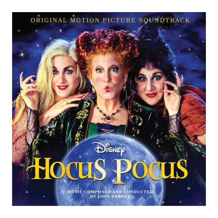 Disney Hocus Pocus original motion picture soundtrack cover art featuring the three Sanderson sisters posing in front of a glowing moon against a starry blue sky, with the title 'Hocus Pocus' and 'Disney' logo visible.