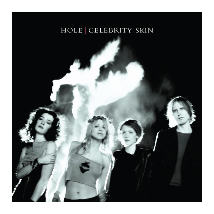 Hole - Celebrity Skin album cover featuring the band members in black and white against a dark background with a bright white flame-like graphic.