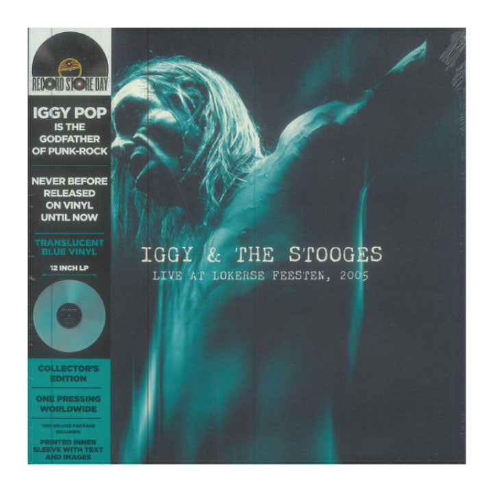 Vinyl record cover with a person performing on stage, featuring text about Iggy & The Stooges.