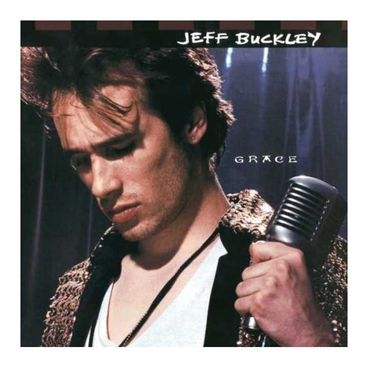 Album cover featuring a person holding a microphone with 'Jeff Buckley Grace' text.