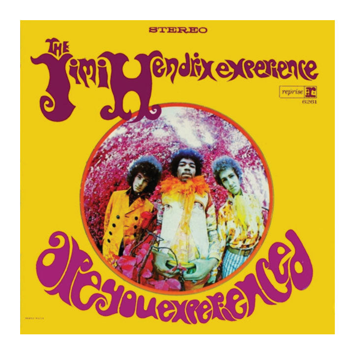 Album cover of 'Are You Experienced' by The Jimi Hendrix Experience with a yellow background and circular photo of the band.