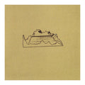 Black line drawing of a landscape on a brown card