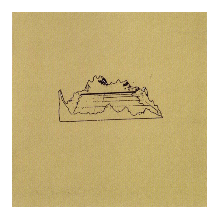 Black line drawing of a landscape on a brown card