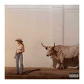 Album cover with a person in a cowboy hat and longhorn cow against a plain wall.