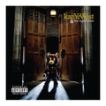 Album cover for Kanye West's 'Late Registration' with a teddy bear in front of wooden doors.