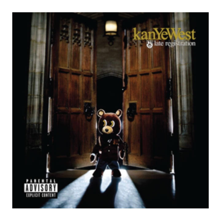Album cover for Kanye West's 'Late Registration' with a teddy bear in front of wooden doors.