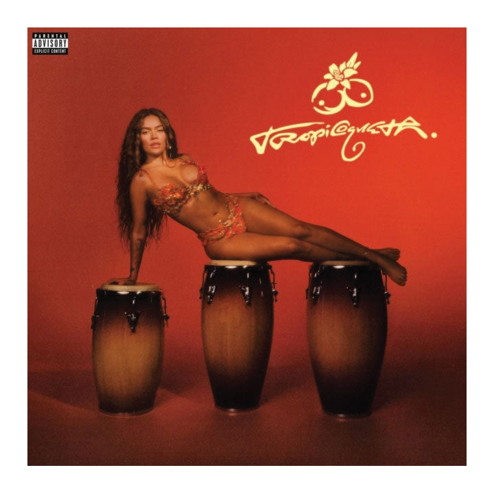 Tropicalista album cover art featuring a woman reclining across three conga drums against a warm red-orange background, with the artist name 'Tropicalista' in stylized script and a Parental Advisory label in the top-left corner.